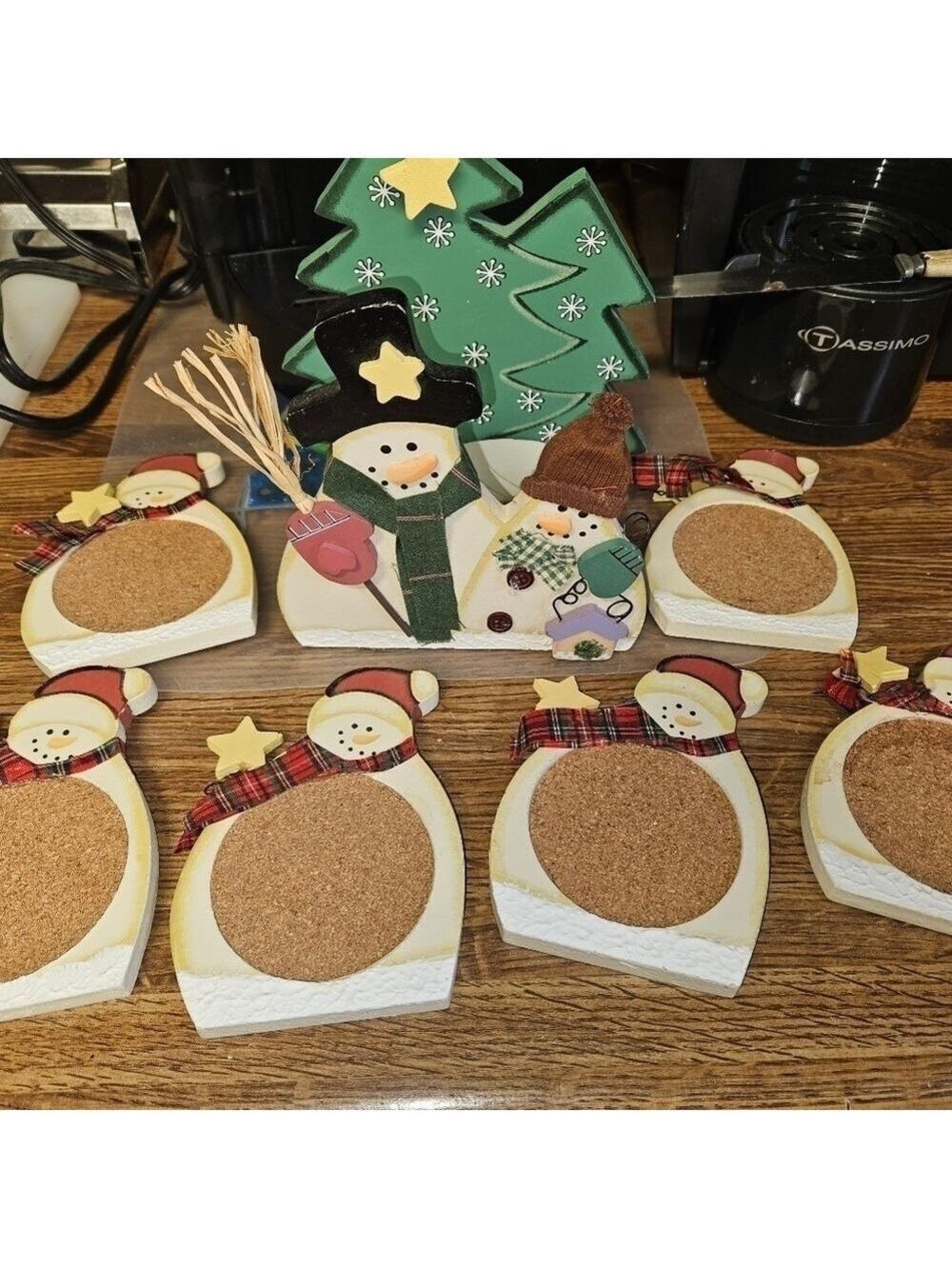 Vintage Wooden Christmas Snowman Cork and Wood Coasters with Wooden Holder
